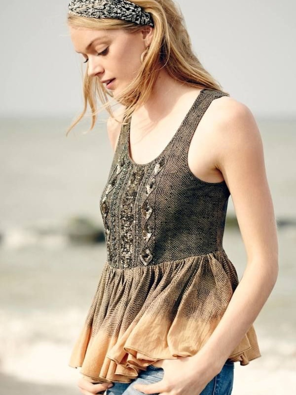 Anthropologie Women’s Akemi + Kin Beaded Sequined Peplum Boho Cotton Top Sz S